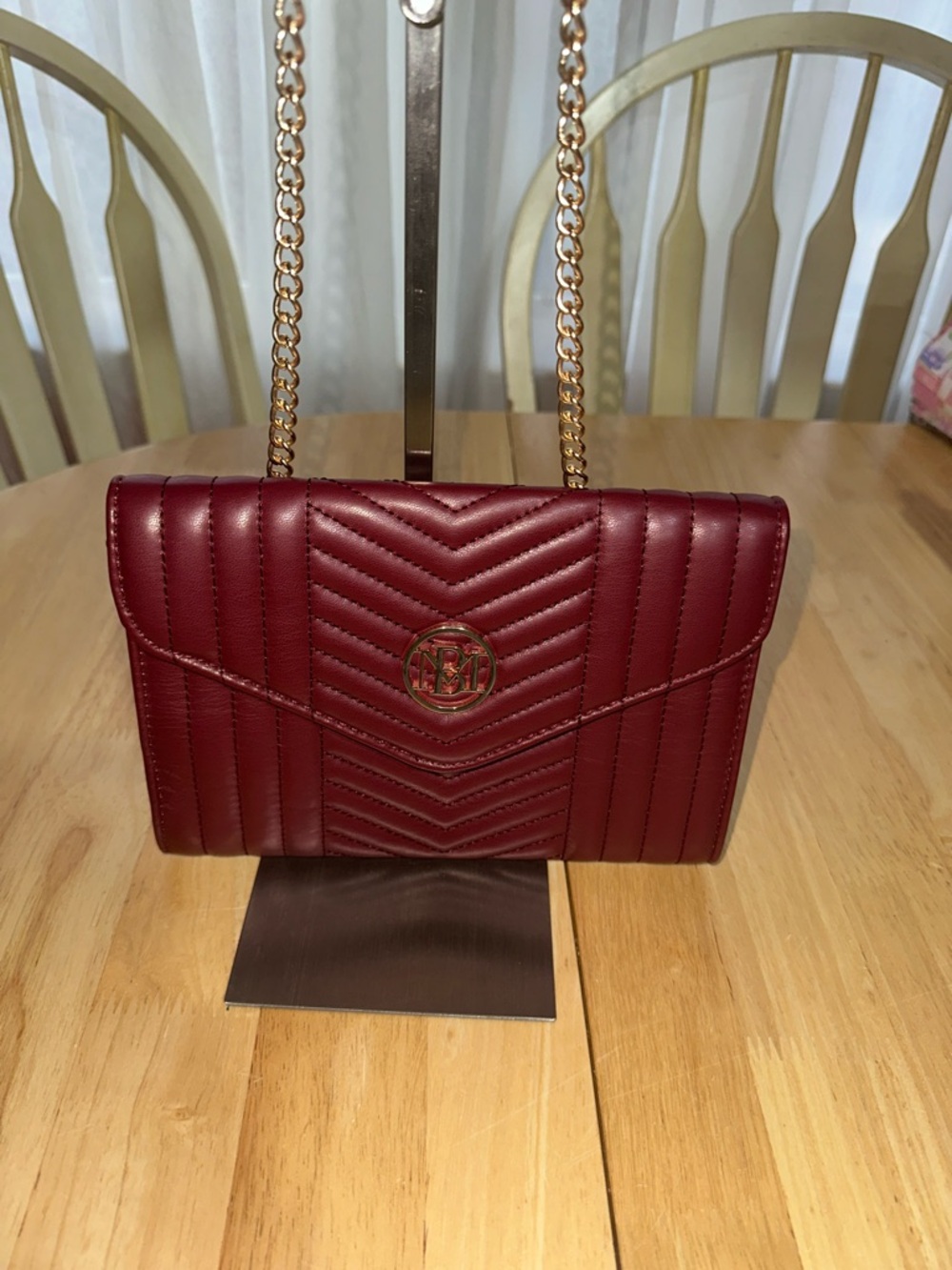 Badgley Mischka Quilted Burgundy Crossbody with Gold Chain